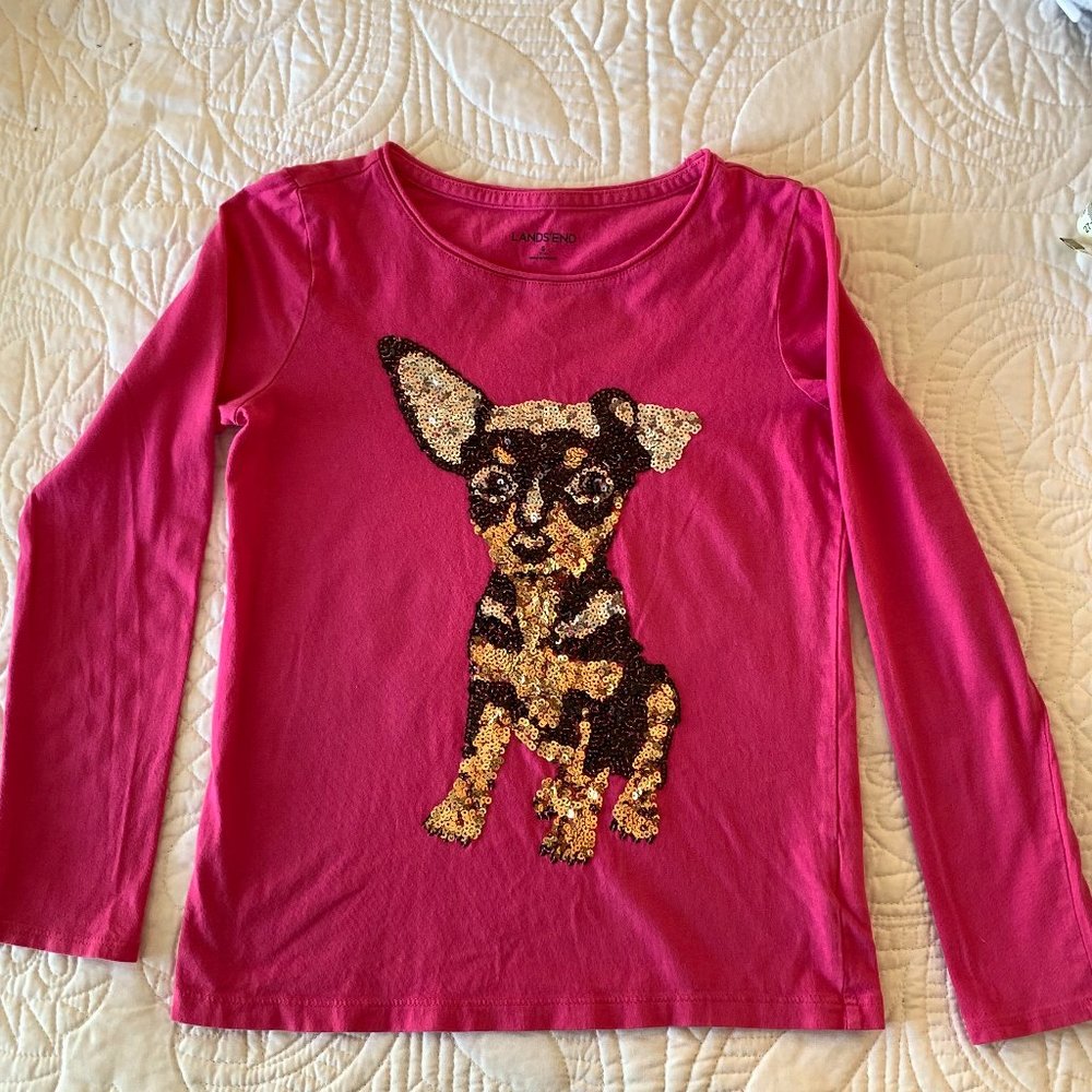 LANDS' END Girl's Sequin Chihuahua T-Shirt, Bright Pink, Size: S (7-8)
